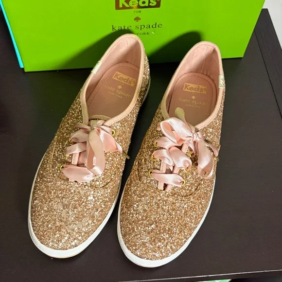 Kate Spade Rose Gold Glitter Sneaker Sparkle Sequin Wedding Sz 7 NEW - Picture 3 of 10